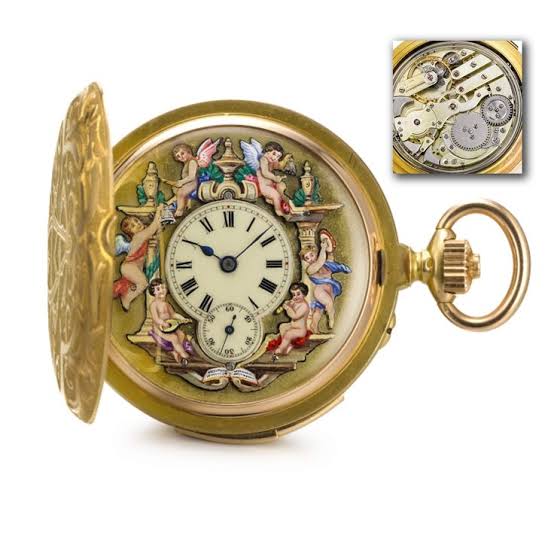 Repetición con autómatas (jacquemarts) y esfera esmaltada, c. 1900.